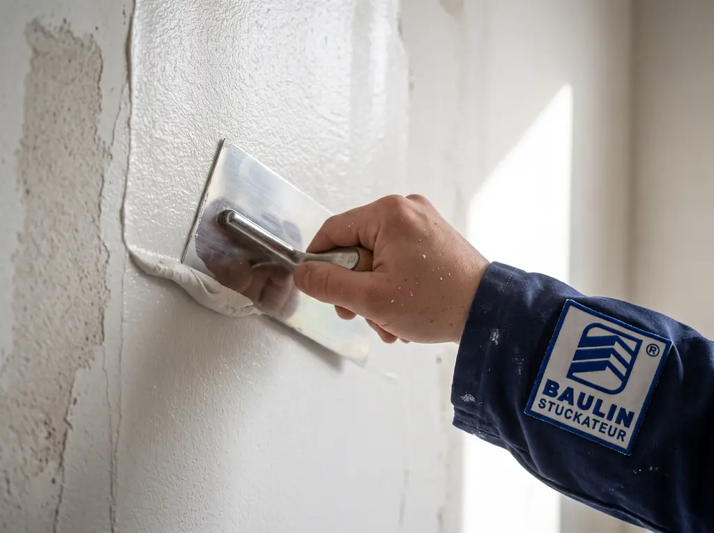BAULIN Stuckateur zieht frischen Glattputz mit der Kelle ab