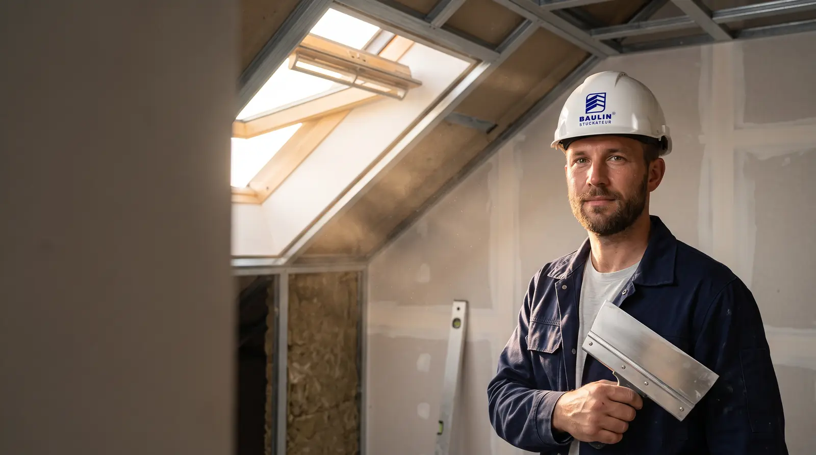 BAULIN Trockenbauer mit Helm und Spachtel im Dachausbau in Karlsruhe