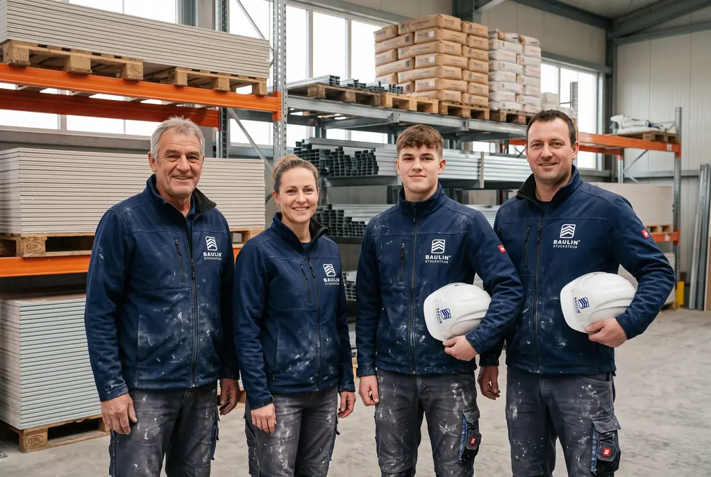 Das BAULIN Team in Arbeitskleidung im Lager in Karlsruhe